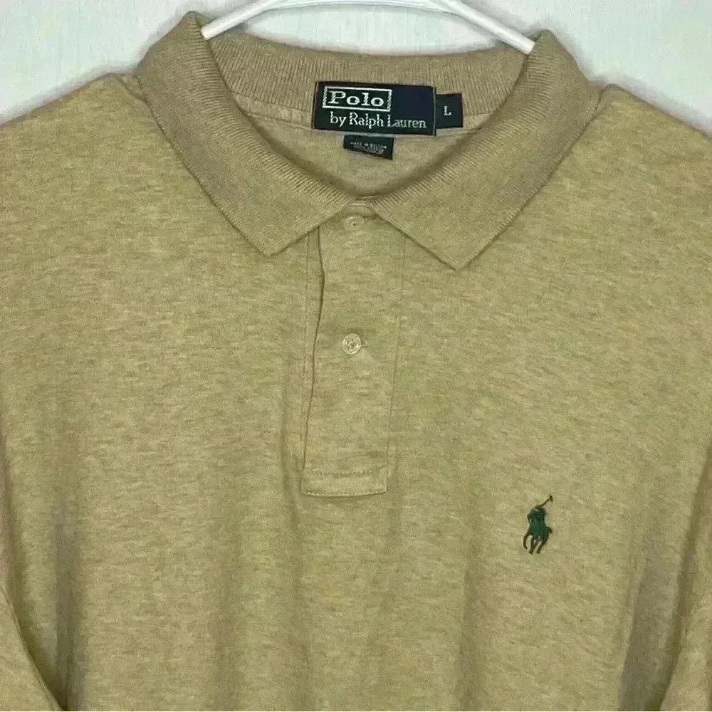 Polo Ralph Lauren Long Sleeve Polo Shirt Men Large Tan 1/4 Button‎ Pullover